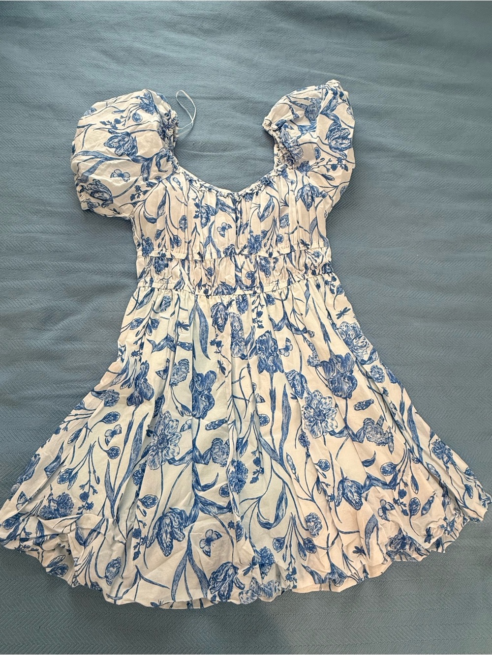 H&M White Dress with Blue Floral Print and Puff Sleeves